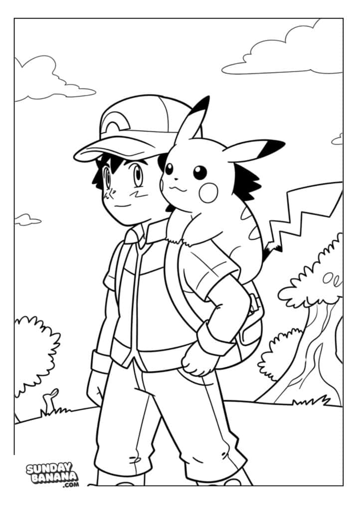 Ash-and-Pikachu-Strolling-in-the-Woods-Coloring-Page