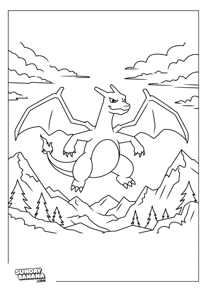 Charizard-Flying-above-mountains-Coloring-Page