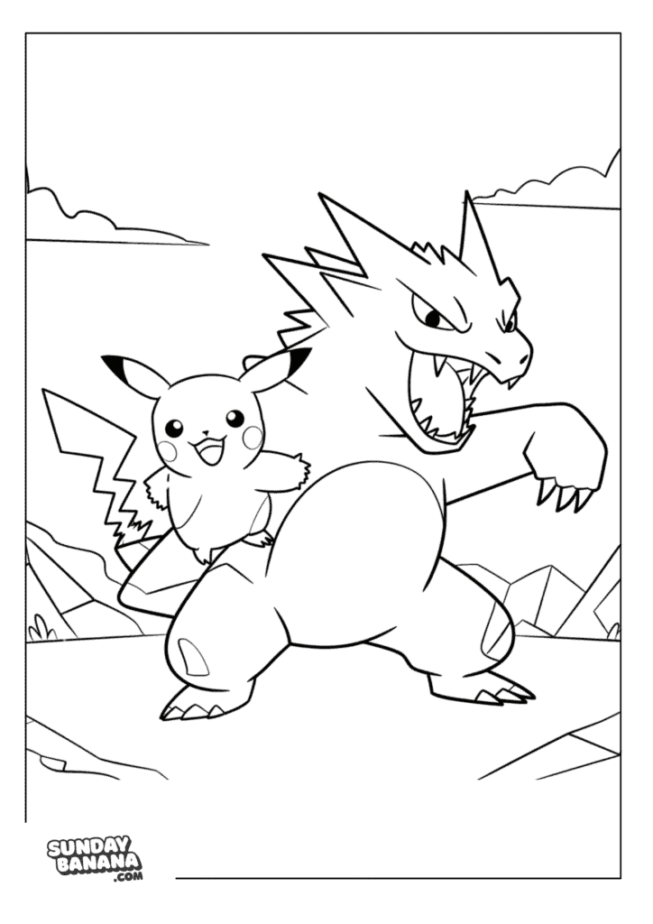 Tyranitar-Pikachu-Posing-Pokemon-Coloring-Page